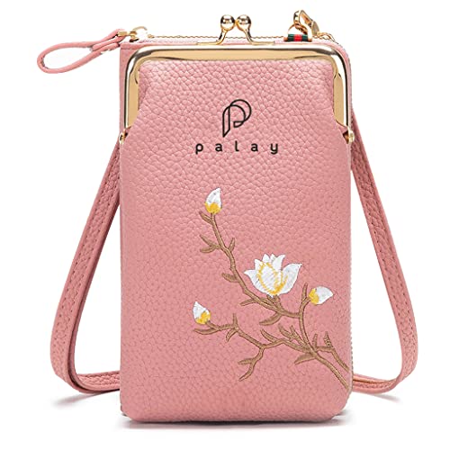 PALAY Women's Small Cross-Body Phone Bag Stylish PU Leather Mobile Cell Phone Holder Pocket Purse Wallet Sling Bag Mini Shoulder Bags (Pink)