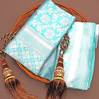 SGF11- Women's Kanjivaram Pure Zari Woven Soft Silk Saree With Blouse Piece (Light Blue)