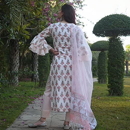 KLOSIA Women Block Printed Bell Sleeve Kurta and Pant Set with Printed Dupatta (Medium) White