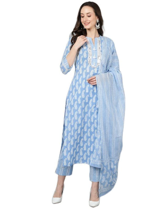 Vaamsi Women's Cotton Printed Straight Kurta Pant with Dupatta (VKSKD1628_Sky Blue_S)