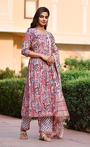 KLOSIA Women Floral Printed Kurta and Pant Set With Dupatta (Large)