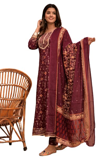 Jaipur Fashions Women Rayon Printed Anarkali Kurti with Pant and Dupatta Set (Large, Maroon)