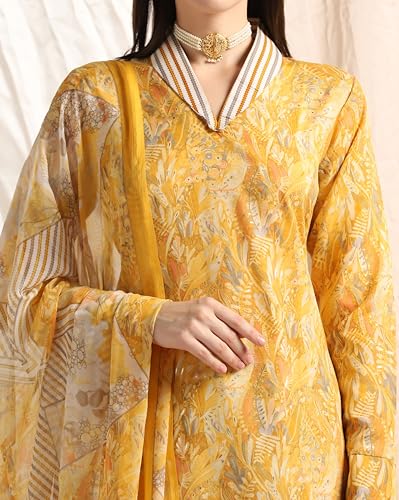 Leriya Fashion Cotton Blend Floral Foil Printed Indian Ethnic Kurta with Pant Set for Women Fancy Patiyala Pant Set for Traditional Ceremony Party Office Wear Kurti Set (Small, Yellow)