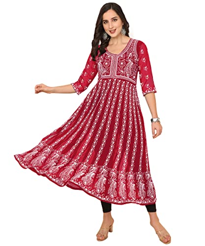 EthnicJunction Women's Georgette Chikankari Embroidery Anarkali Kurta (B19-Apsara-Maroon_M_Maroon)