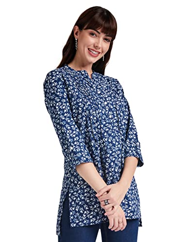 Amazon Brand - Myx Women's Cotton Screen Print Straight Short Kurti (SS17INDNIT04_Indigo1_L)