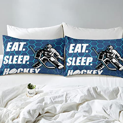 Ice Hockey Comforter Cover Hockey Sports Event Duvet Cover for Boys Girls Women Men Eat Sleep Hockey Winter Sports Hobby Quilt Cover Twin,Gradient Blue Geometry Honeycomb Bedding Set Zipper&Ties