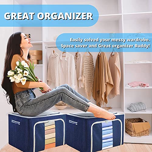 StarCart® Living Storage Boxes for clothes( 66 LTR, Pack of 2, Premium All Blue Polka ) Oxford Foldable Stackable Cloth Organizer with Metal Frame, Closet Wardrobe Organizer Cloth Cover for saree