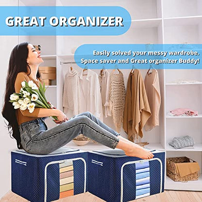 StarCart® Living Storage Boxes for clothes( 66 LTR, Pack of 2, Premium All Blue Polka ) Oxford Foldable Stackable Cloth Organizer with Metal Frame, Closet Wardrobe Organizer Cloth Cover for saree