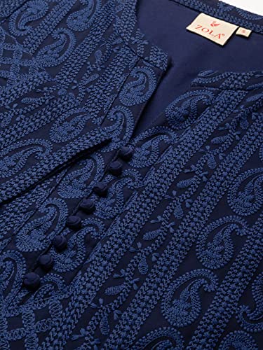 ZOLA Georgette Regular Fit V Neck with 3/4th Sleeves Calf Length Ethnic Wear Lucknowi Chikankari Kurta for Women Navy Blue