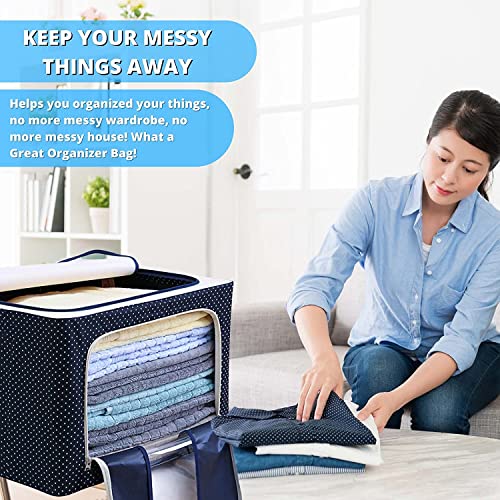 StarCart® Living Storage Boxes for clothes( 66 LTR, Pack of 2, Premium All Blue Polka ) Oxford Foldable Stackable Cloth Organizer with Metal Frame, Closet Wardrobe Organizer Cloth Cover for saree