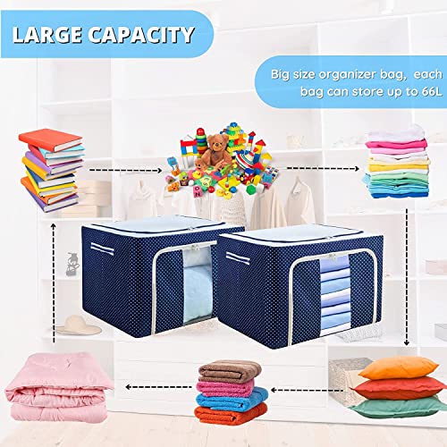 StarCart® Living Storage Boxes for clothes( 66 LTR, Pack of 2, Premium All Blue Polka ) Oxford Foldable Stackable Cloth Organizer with Metal Frame, Closet Wardrobe Organizer Cloth Cover for saree