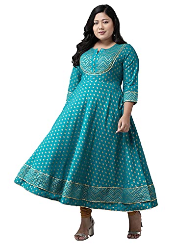 Yash Gallery Women's Plus Size Cotton Blend Floral Printed Anarkali Kurta for Women (1323YKTEAL_Blue_XX-Large)