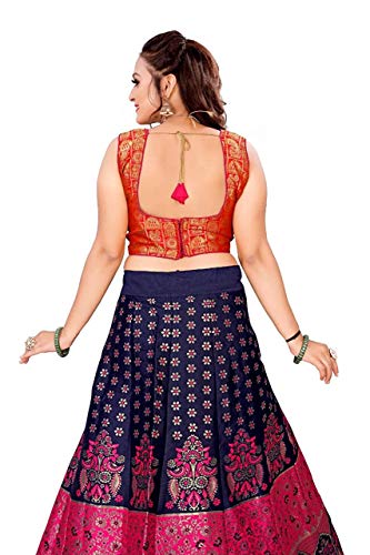 EKTA textiles Women's Wedding Special Semi Stiched Blue Heavy Banarasi Silk Lehenga Choli With Banarasi Duptta (BLUE PINK_XL,XXL)