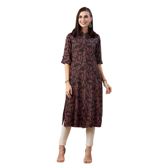 ZOLA Mandarin Collar Rayon Single Pocket A-line Kurta for Women with All Over Leaf Print Brown