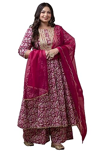 XL LOVE - By Janasya Women's Pink Cotton Floral Printed Kurta with Palazzo and Dupatta(PSET832-KR-PP-7XL)