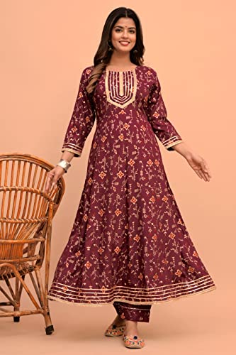 Jaipur Fashions Women Rayon Printed Anarkali Kurti with Pant and Dupatta Set (Large, Maroon)