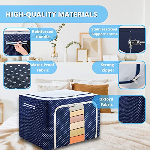 StarCart® Living Storage Boxes for clothes( 66 LTR, Pack of 2, Premium All Blue Polka ) Oxford Foldable Stackable Cloth Organizer with Metal Frame, Closet Wardrobe Organizer Cloth Cover for saree