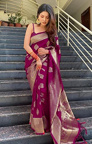 C J Enterprise Women's Banarasi Saree Pure Kanjivaram Silk Saree Soft Design Wear Pattu Sarees Latest Cotton With Blouse Piece for Wedding sadi new ladies 2023 (Pari12 Wine)