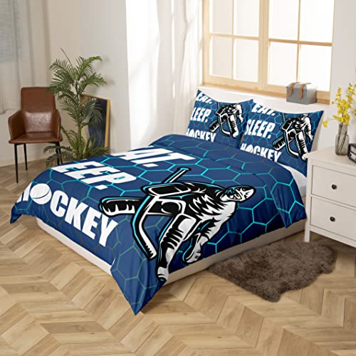 Ice Hockey Comforter Cover Hockey Sports Event Duvet Cover for Boys Girls Women Men Eat Sleep Hockey Winter Sports Hobby Quilt Cover Twin,Gradient Blue Geometry Honeycomb Bedding Set Zipper&Ties