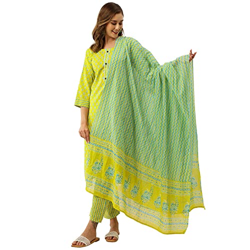 ZOLA Round Neck Cotton All Over Floral Buttis Print Limegreen Kurta Set for Women