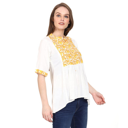 SADAA Women's Cotton Casual White Yellow Printed Tunic Top