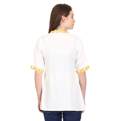 SADAA Women's Cotton Casual White Yellow Printed Tunic Top