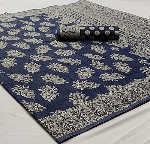 SWORNOF Women's Lucknowi Chikankari Linen cotton Woven Saree with Blouse Sarees For Women (GRAYS BLUE)