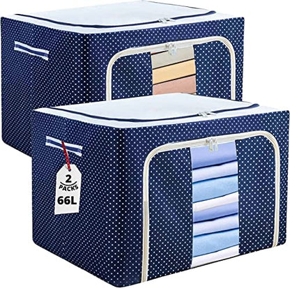 StarCart® Living Storage Boxes for clothes( 66 LTR, Pack of 2, Premium All Blue Polka ) Oxford Foldable Stackable Cloth Organizer with Metal Frame, Closet Wardrobe Organizer Cloth Cover for saree