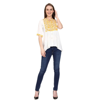 SADAA Women's Cotton Casual White Yellow Printed Tunic Top