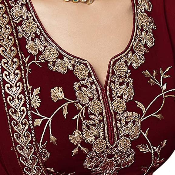 Miss Ethnik Women's Maroon Faux Georgette Semi Stitched Top With Stitched Faux Georgette Bottom and Faux Georgette Dupatta Embroidered Straight Kurta Dress Material (Kurta Palazzo Set) (ME-1033-M)