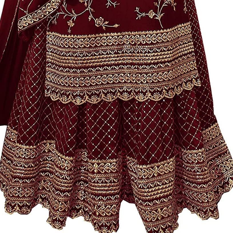 Miss Ethnik Women's Maroon Faux Georgette Semi Stitched Top With Stitched Faux Georgette Bottom and Faux Georgette Dupatta Embroidered Straight Kurta Dress Material (Kurta Palazzo Set) (ME-1033-M)