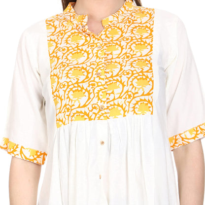 SADAA Women's Cotton Casual White Yellow Printed Tunic Top