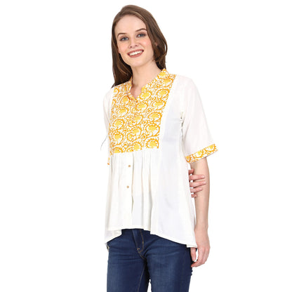 SADAA Women's Cotton Casual White Yellow Printed Tunic Top