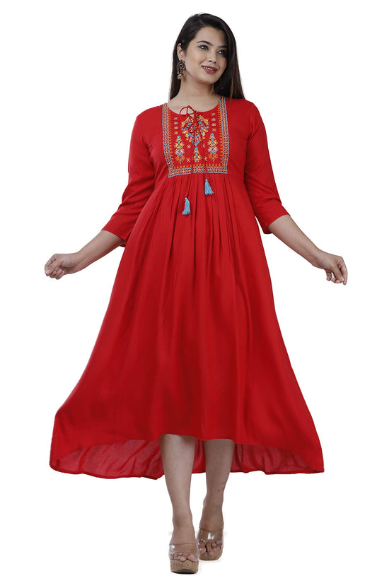 DMP FASHION Women's Rayon Embroidery Work Flared Kurta(Red)