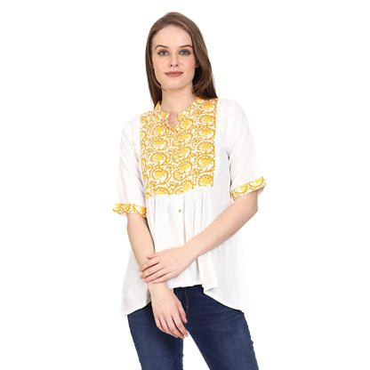 SADAA Women's Cotton Casual White Yellow Printed Tunic Top